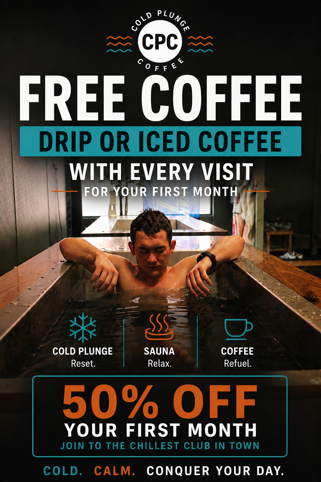 Free coffee with every visit and 50 percent off your first month